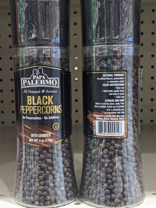 PAPA Palermo Whole Black Peppercorn with Grinder 6oz Each